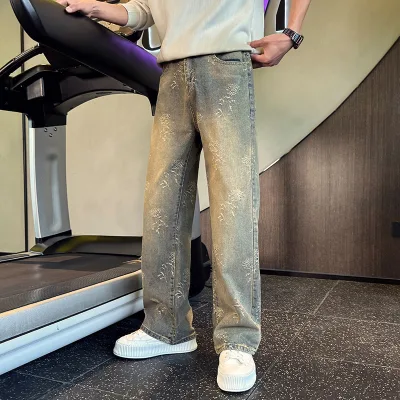 2026 High Waist Hip Hop Straight-leg Jeans Factory Custom Men Jacquard Denim Pants