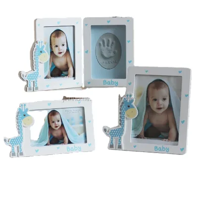 Customizable Blue Giraffe Wooden Photo Frame for Baby's Handprint & Footprint Picture Frame with Clay Kit Gift