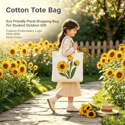 Custom Logo Embroidered Cute Pattern Eco Friendly Reusable Cotton Canvas Tote Bag for Shopping Grocery Work Book Gift