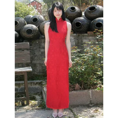 New Chinese Style National Style Red Jacquard Sleeveless Cheongsam Bride Wedding Toasting Long Skirt