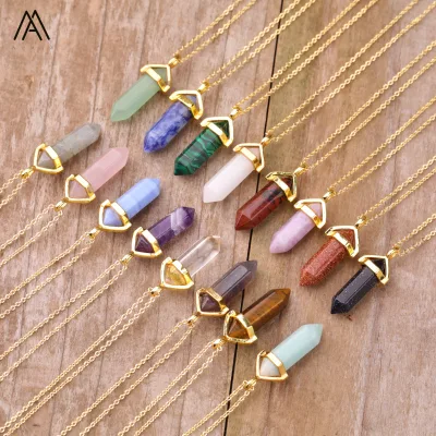 Small Crystal Point Stone Double Hexagon Bead Pendant Healing Energy Necklace Chakra Gifts