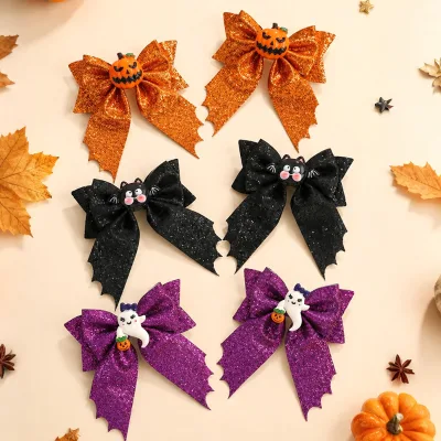 Halloween Hair Bows 2Pcs Glitter Hair Clips Pumpkin Ghost Bat Charm Orange Purple Black for Kids Girls Party Costume Cosplay