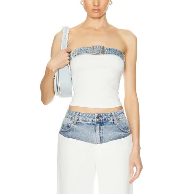 Custom Cropped Denim Top Nylon Long Pants Women's Sets Strapless Top Rib Knit Fabric Jeans Two Piece Sets