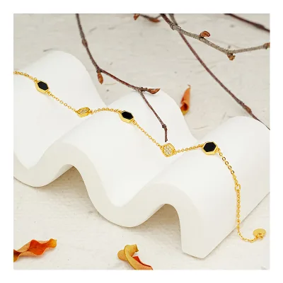 Two Tone Color 925 Sterling Silver Fashion Gemstone Jewelry 18k Gold Plated Hexagonal Charm Black Onyx Insert Bracelet