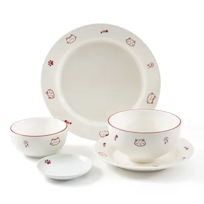 Cute Cartoon Ins White Porcelain Dinnerware Sets Custom Country Style Bone China Tableware Gift Box with Utensils Kit