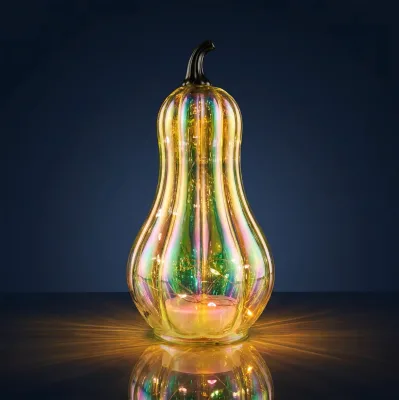 Iridescent Glass Pumpkin Lamp Pearlized Gourd Figurine LED Night Light Autumn Fall Decoration Hand Blown Art Centerpiece Modern