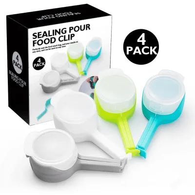 New 4 Pack Food Bag Clips Set for Kitchen Storage Reusable Chip Clips Curved Design Sealing Clips with Pouring Opening