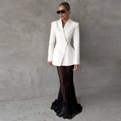 French Style V-neck Long Sleeve Button Waist Design Sense Suit Gauze Skirt Two-piece Suit