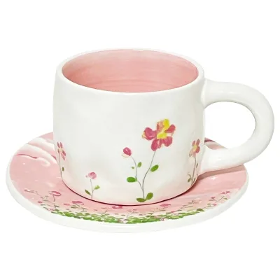 Fresh Style Ceramic Coffee Cup Saucer Spring Cartoon Afternoon Tea Mug Flower Painted Milk Mug With Handle Restaurant Drinkware