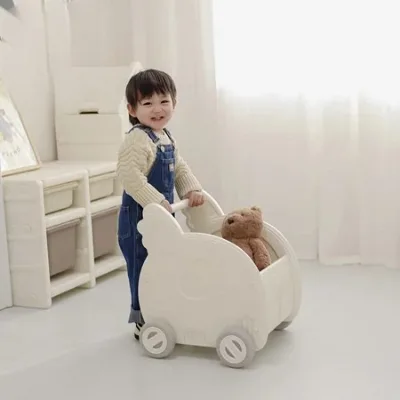 Movable Plastic Kids Cartoon Shaped Toy Cabinet Organizer Storage Toy Shopping Cart Small