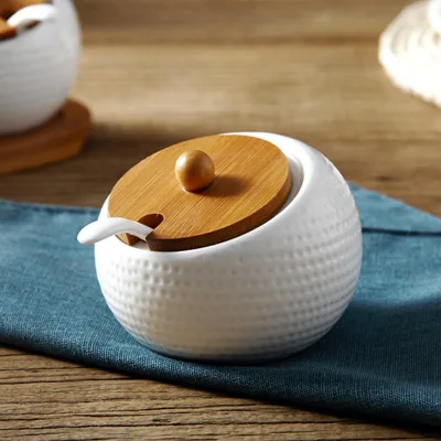 Modern Kitchenware Porcelain Canister Sets with Airtight Seal Ceramic Cookie Jar and Wooden Lid