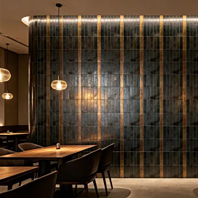 Metallic Black Gold Linear lava Stone Mosaic Bazara Luxury Long Strip Mosaic for Commercial Interior Wall