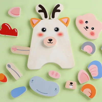 Animals Blocks 3D Puzzle Face Changing Matching Games DIY Assembly Toy Animal Jigsaw Puzzle Game Wooden Kids Toy