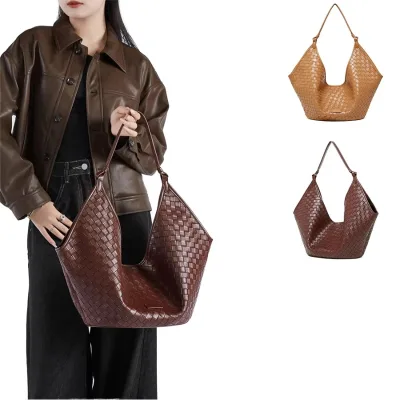 Wholesale Woven Genuine Leather Women Hobo Tote Bag Large Capacity Weave Shoulder Shopper Bag Vintage Ladies Daily Handbag