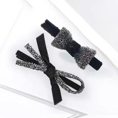 Silver Black Diamond Stitching Bangs Clip Girls Exquisite Alloy Hairpin Resin Crystal Acrylic Hair Decoration 2pcs One Set