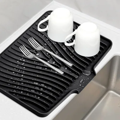 Silicone Dish Drying Mat for Kitchen Counter, Dish Drying Pad, Non-Slip Drain Pad with Built-in Drain