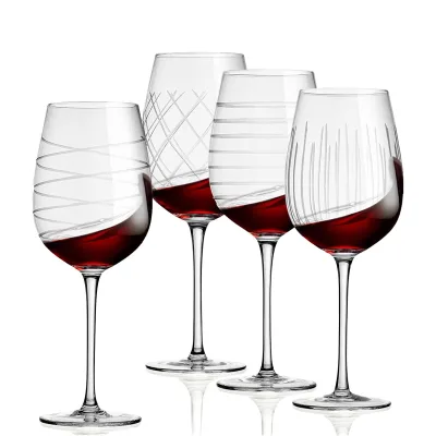 Wine Glasses Set of 4-16oz Hand Carved Bordeaux Wine Glasses With Crystals for Alcohol Party, Wedding, Home