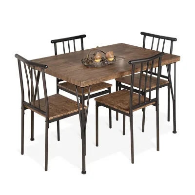 5 Pieces Metal and Wood Modern Rectangular Dining Table Furniture Set for Kitchen Dining Room
