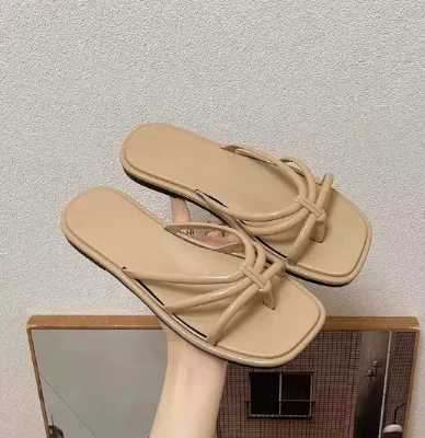 French Style Flat Women Flip Flops PVC Thin Strap Square Toe Thong Slippers Solid Color Elegant Ladies