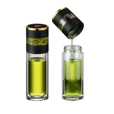 Custom Double Wall Glass Travel Tumbler Filter Water LED Display Separation Bottle With Tea Infuser