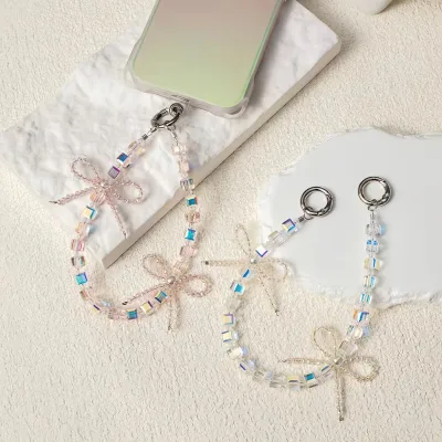 Double-Ended Buckle Crystal Beaded Phone Lanyard Handmade Braided Bow Phone Strap Anti-Lost Keychain