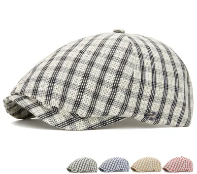 Plaid Beret Womens Summer New Style 6 Panels Newsboy Cap Casual Artistic Flat Cap British-style Trendy Peaked Cap Adjustable