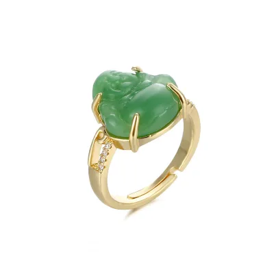 Blues Chinese Religious Style Brass Gold Plated Adjustable Maitreya Buddha Jade Ring for Men Jewelry