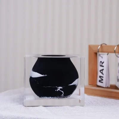 High-end Business Gift Set Creative Acrylic Block Bud Vase Black Marble Color Festival Wit Gift Box