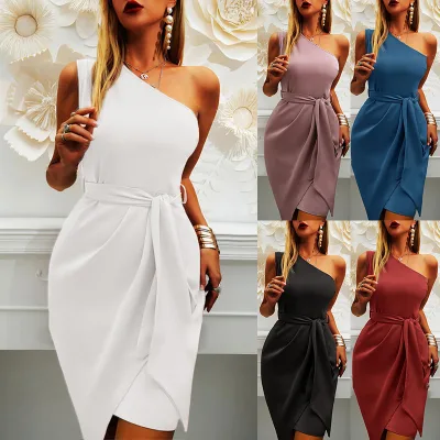 Summer New Solid Color Sleeveless Oblique Shoulder Irregular Dress Belted Party Dress