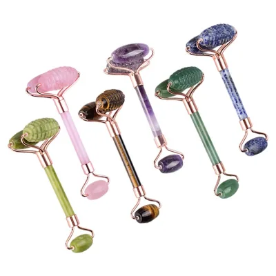 New Natural Rose Quartz Y Shape Facial Roller Custom logo 3 Heads Jade Face Roller with Teeth Spike Real Crystal Jade Roller