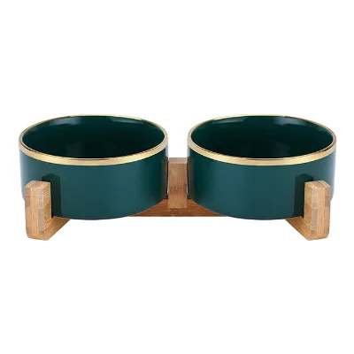 Wholesale Green with Gold Ceramic Raised Cat or Dog Feed Food Bowl Food Water Dog Basic Bowl With Wooden Frame