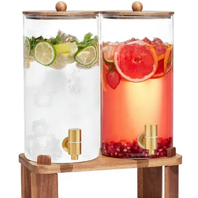 2 PCS 1.5 Gallon Glass Beverage Dispenser with Wood Stand and Stainless Steel Spigot for Lemonade Juice Tea & Party Use