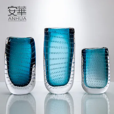 Ocean Blue Rectangle Glass Vase with Bubble Pattern Elegant Crystal Design