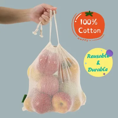 Eco-friendly Reusable Organic Cotton Mesh Produce Bag Drawstring Grocery Net Produce Bags for Vegetable Fruit Food Kitchen