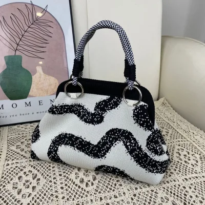 Factory Wholesale Retro Houndstooth Knitted Polyester Tote Bag with Magnetic Closure Dumpling Shoulder Handbag