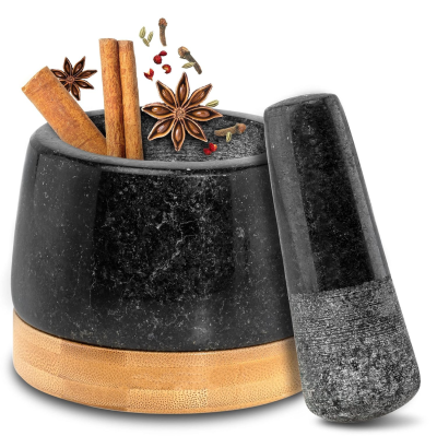Granite Bamboo Mortar and Pestle Set with Wood Base
