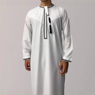 Cross Border New Hot Selling Custom Stock Solid Color Round Neck Embroidered Men's Long Sleeved Robe