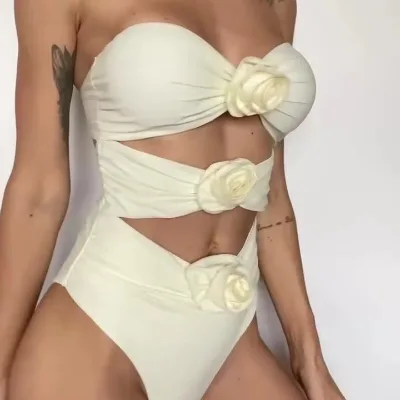Beach Wear Rose One Piece Bikini Set Hollow Out Swimsuit Women's High Waisted Bathing Suit