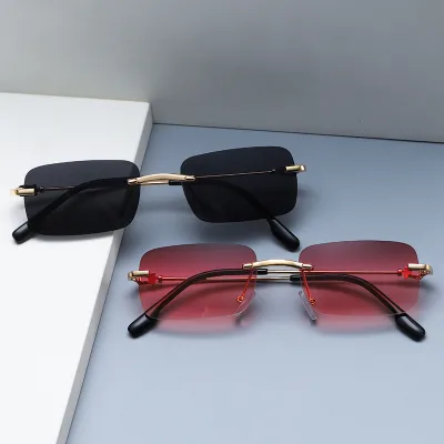2022 Designer Vendor Women Small Frameless Rectangle Rimless Frames Shades Sunglasses