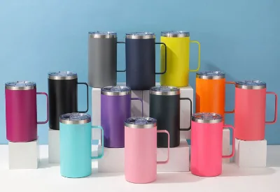 Portable Stainless Steel Coffee Mug Matte Colored Thermos with 20oz Rainbow Travel Tumblers Flip Straw and Handle Lid