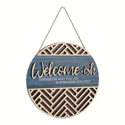 Creative Rustic Welcome-Ish Wall Art Welcome Hanging Sign Plaque Decoration Round Wooden Sign for Front Door Wall Decor