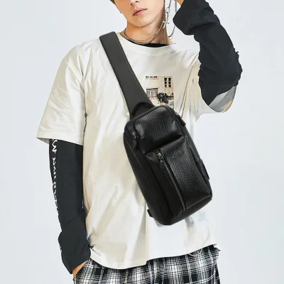 Wholesale Travel Outdoor Real Leather Men Chest Bag Vintage Genuine Leather Casual Sport Sling Bag with Multiple Zipper Pockets