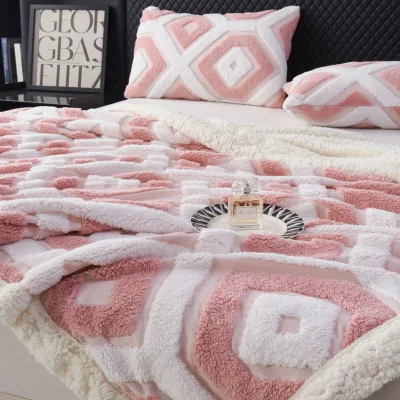 All Season Anti Dust Mite Double Layer Lamb Fleece Blanket 100 Polyester Geometric Jacquard Embroidery Warm Office Nap Cover