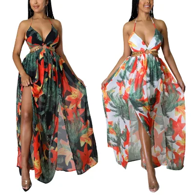 Summer Women's Eco-Friendly Chiffon Floral Sexy Long Maxi Dress Loose Casual Sleeveless Beach Holiday Party Dress