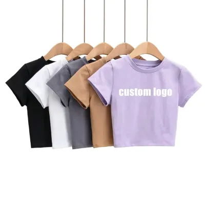 Custom Blank Plain Cropped Logo Tee Cotton Women's T-shirts Fitness Fit T Shirts Ladies Bodycon Crop Tops Tshirt for Women