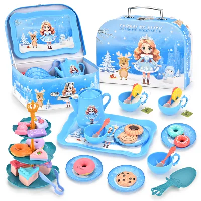 Toddlers Educational Food Pretend Role Play 42pcs Abs Material Snow Princess Tea Party Time Dessert Set for Kids Birthday Gifts