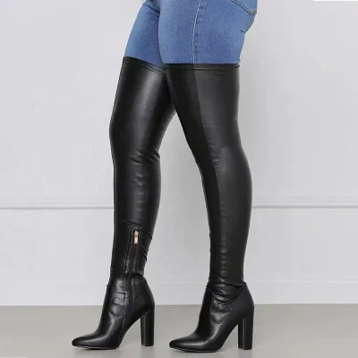 Solid Black Elegant Winter Women High Chunky Heels Boots Pointed Toe Comfort Dress Shoes Sexy Simple Women Outdoor Boots Shoes