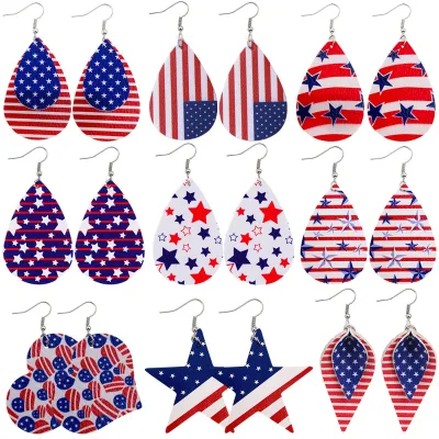 BOYI Wholesale of Leather Printed Flag Pentagram Water Drop Multi Layer Earrings for Independence Day in the United States