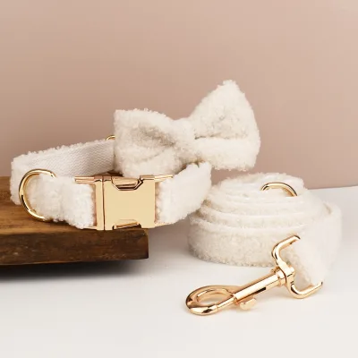Custom Logo Personalized Luxury Teddy Soft Fleece Dog Collar Leash Set Plush Sherpa Leash Engraved Webbing Straps Bowknot Winter