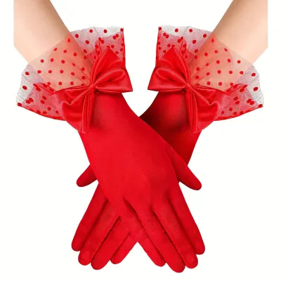 Red Polka Dot Tulle Bow Short Gloves Bridal Wedding Birthday Party Costume Dress Gloves